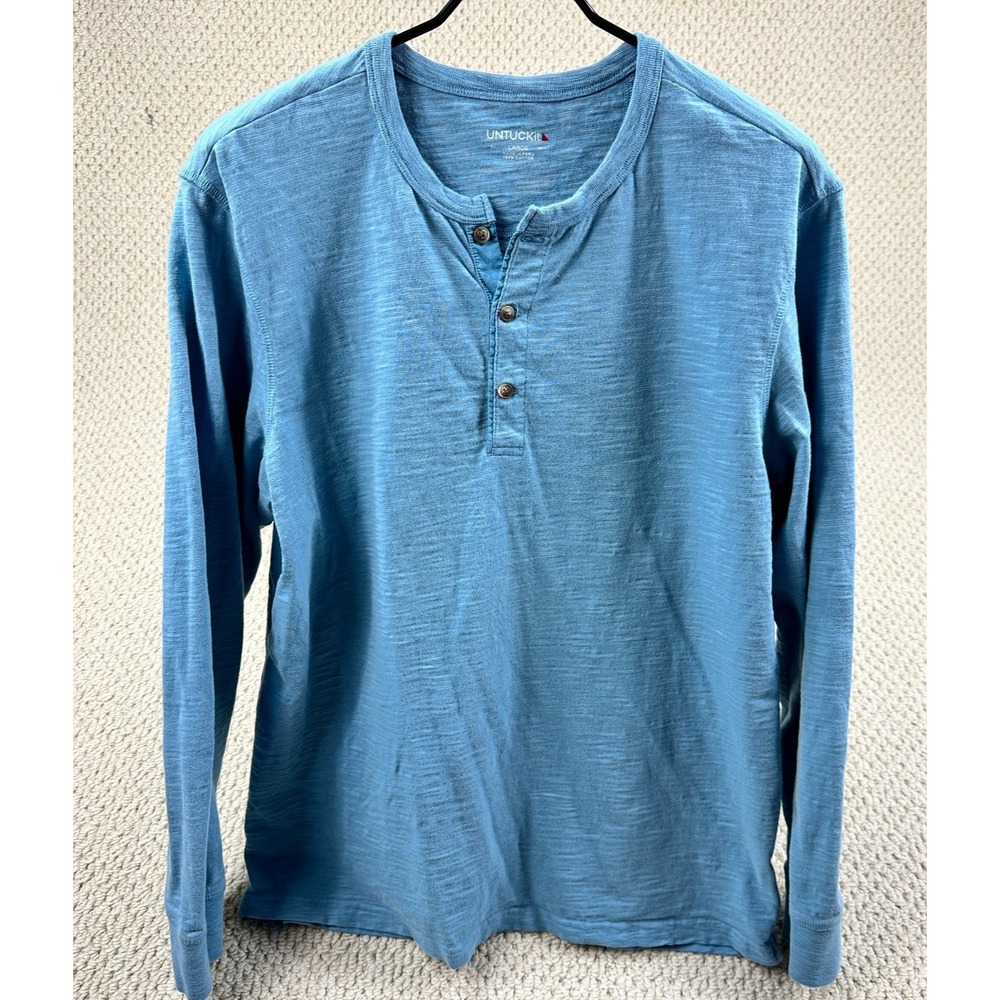 Untuckit Shirt Mens L Heathered Blue Yannik Henley Slub Jersey Long Sleeve Knit
